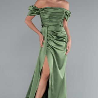 Haki Bacak Dekolteli Kayık Yaka Uzun Saten Abiye Elbise ABU1606