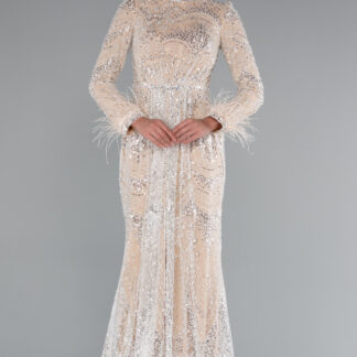 Bej Taş İşlemeli Otrişli Uzun Kol Tesettür Abiye ABU5056