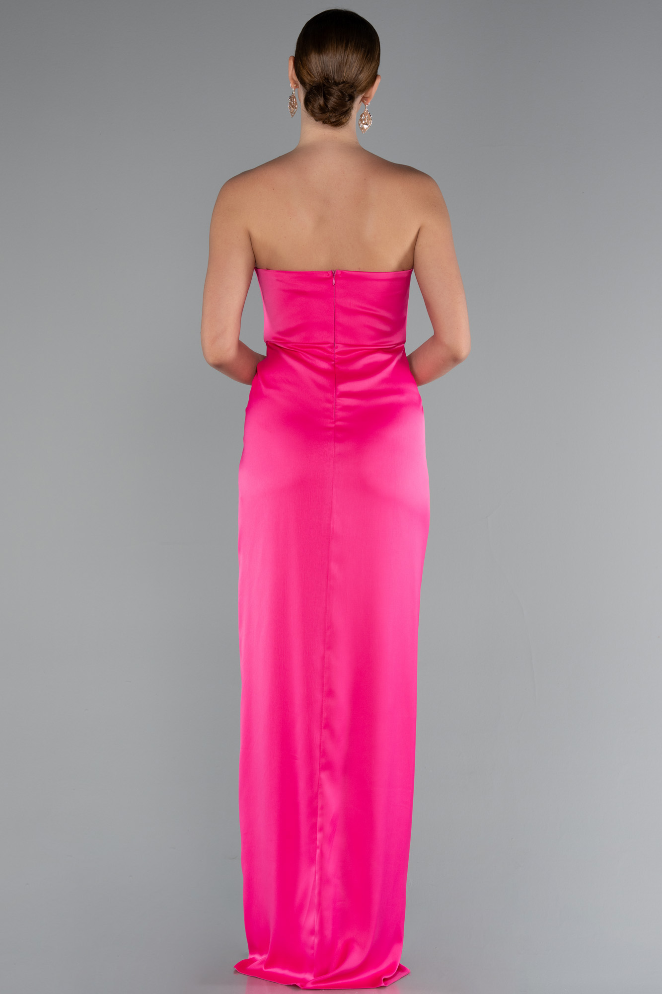 Fuşya Straplez Balen Korse Yırtmaçlı Uzun Saten Abiye ABU3474 - Görsel 3