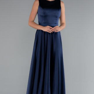 Lacivert Kolsuz Kemerli Uzun Saten Abiye Elbise ABU5060