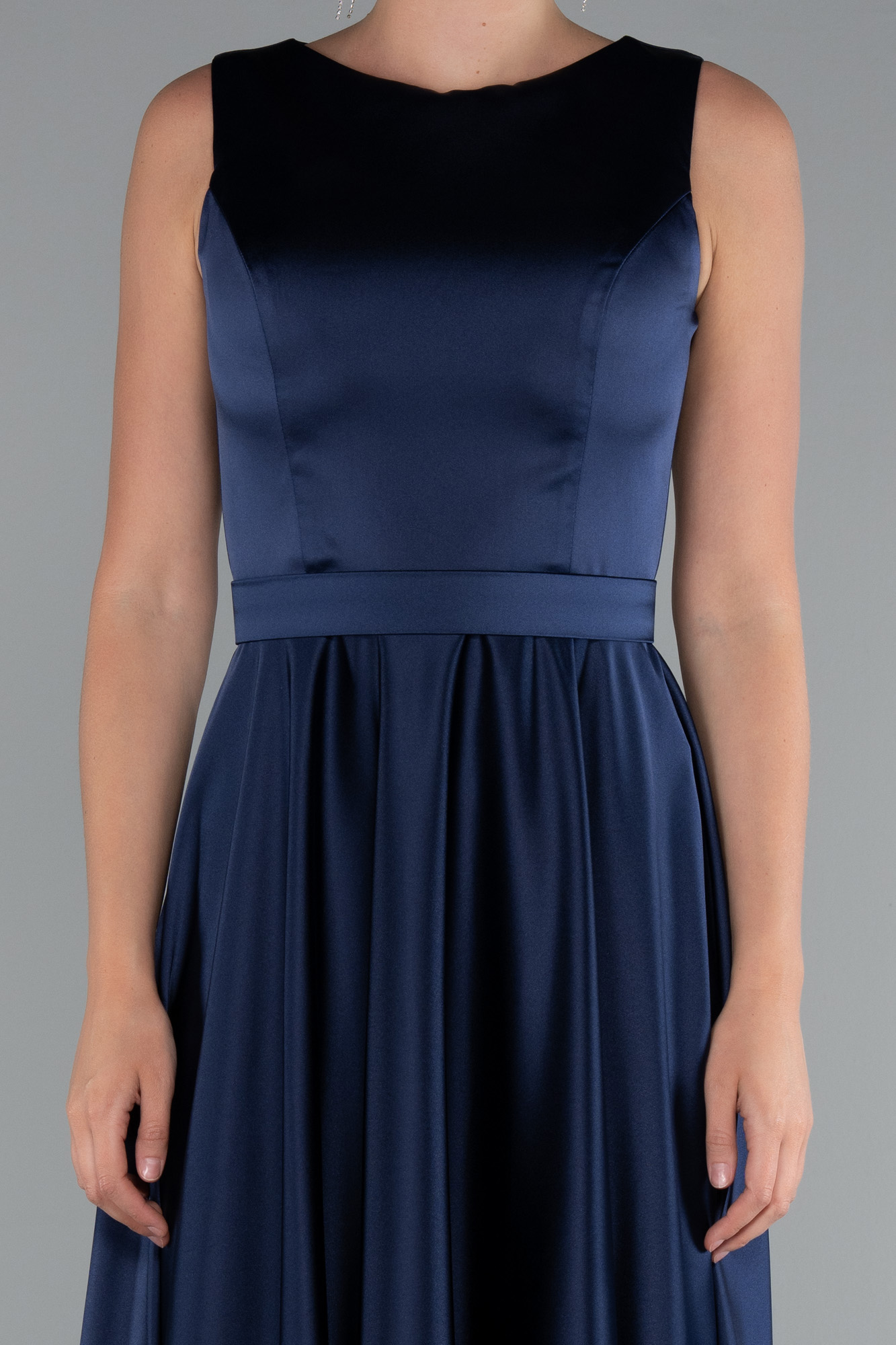 Lacivert Kolsuz Kemerli Uzun Saten Abiye Elbise ABU5060 - Görsel 3
