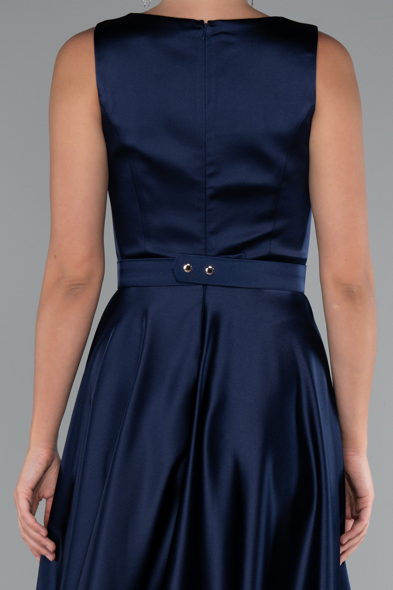 Lacivert Kolsuz Kemerli Uzun Saten Abiye Elbise ABU5060 - Görsel 4