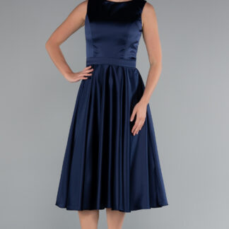 Lacivert Kolsuz Kemerli Midi Saten Davet Elbisesi ABK2375