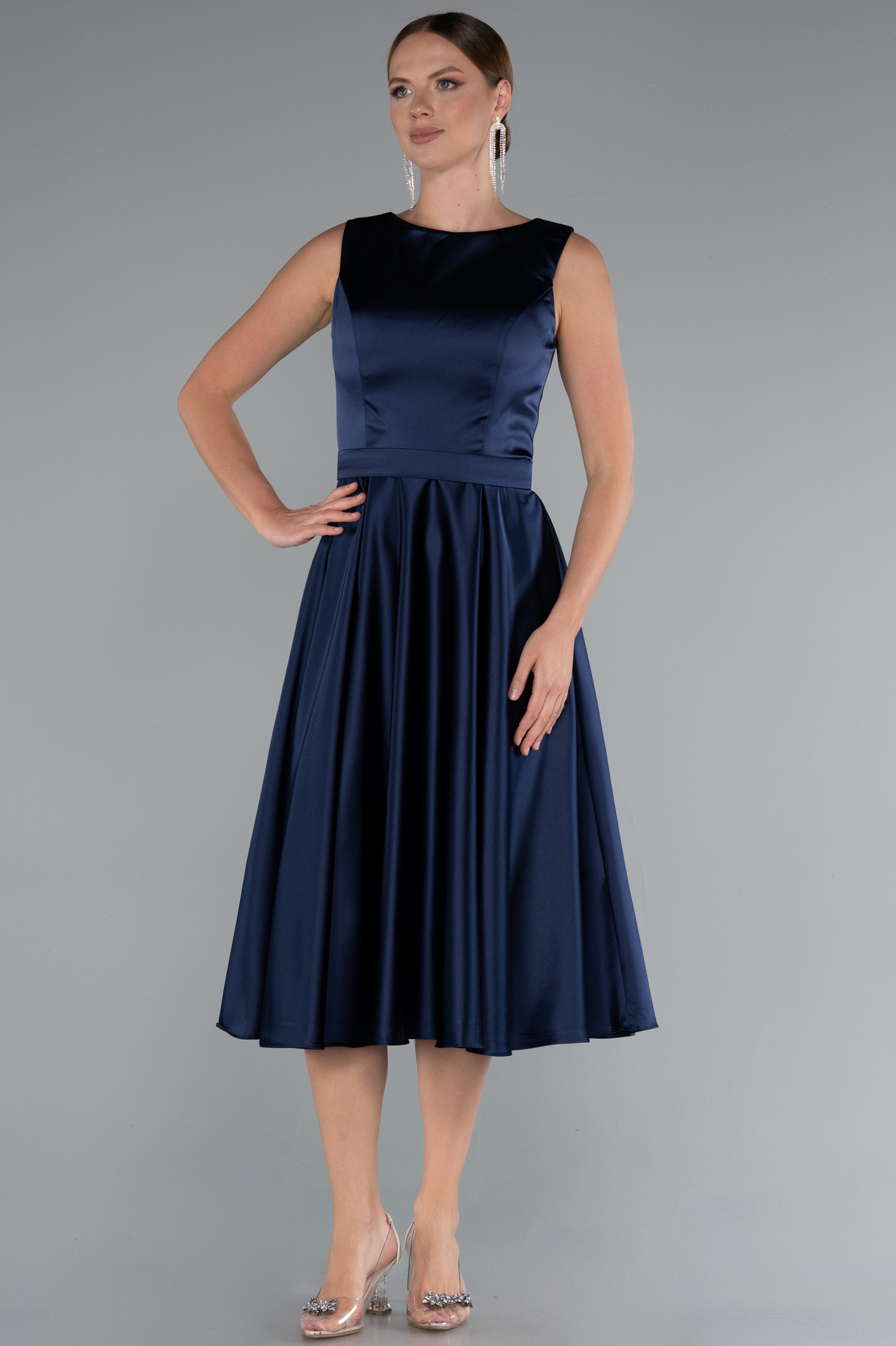 Lacivert Kolsuz Kemerli Midi Saten Davet Elbisesi ABK2375