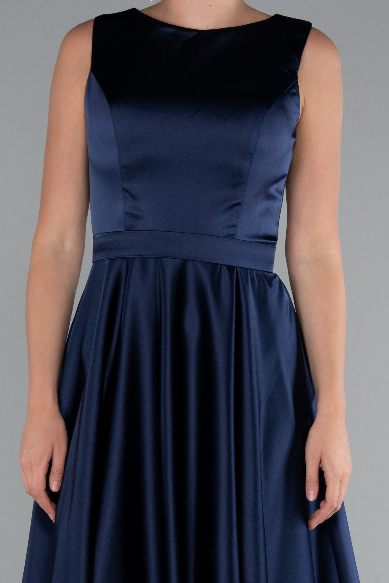 Lacivert Kolsuz Kemerli Midi Saten Davet Elbisesi ABK2375 - Görsel 3