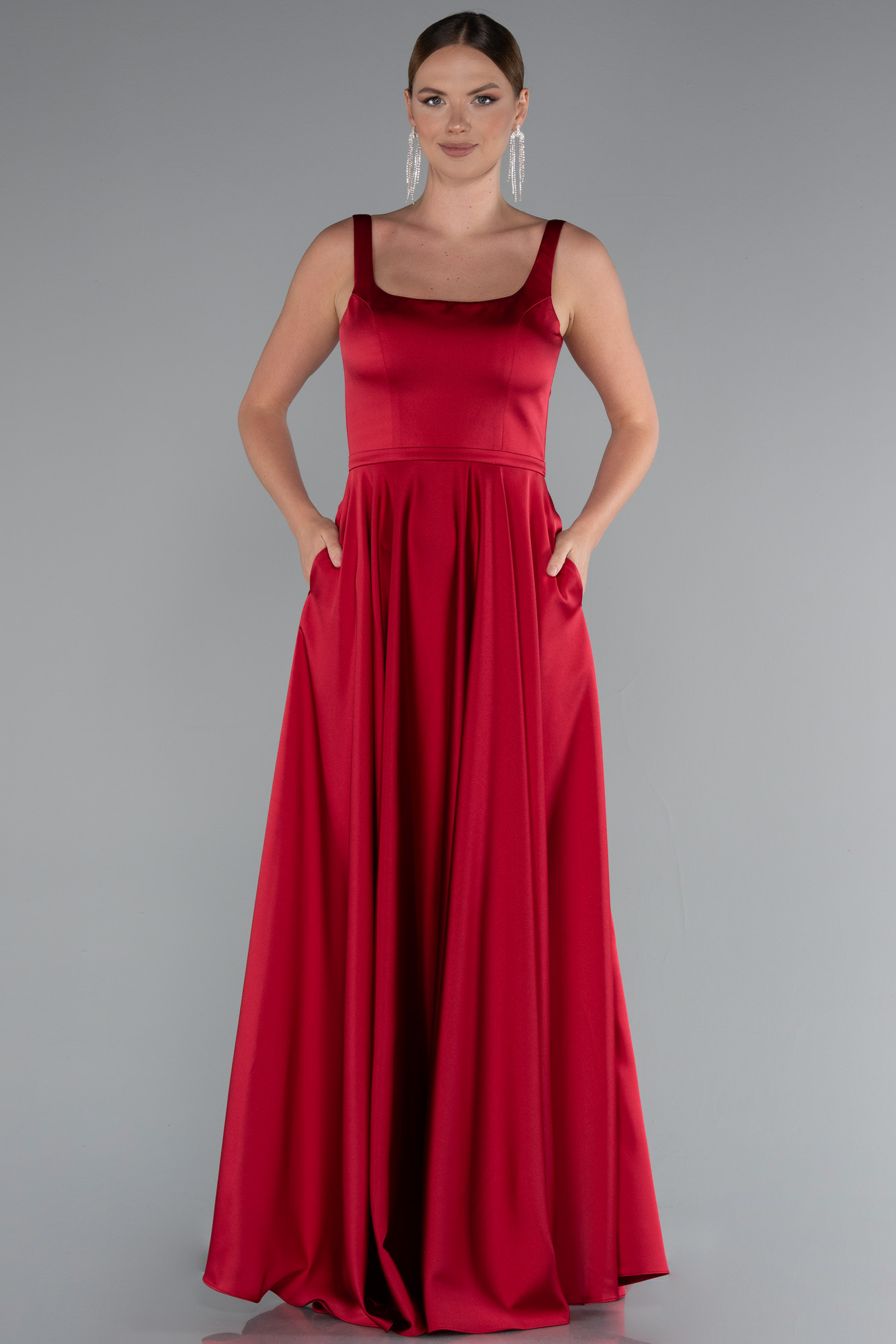 Siyah Askılı Kare Yaka Uzun Saten Mezuniyet Elbisesi ABU5059 - Görsel 5