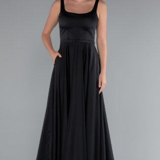 Siyah Askılı Kare Yaka Uzun Saten Mezuniyet Elbisesi ABU5059