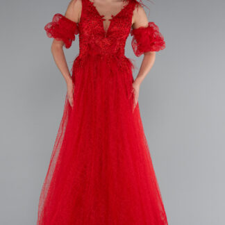 Kırmızı Üstü İşlemeli Kol Aksesuarlı Uzun Nişan Elbisesi ABU5052