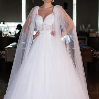 Ekru Pelerin Kol Taş İşlemeli Uzun Gelinlik ABG137