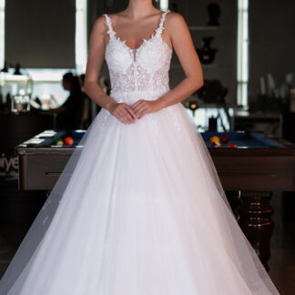 Ekru Askılı Güpür İşlemeli Uzun Büyük Beden Gelinlik ABG142