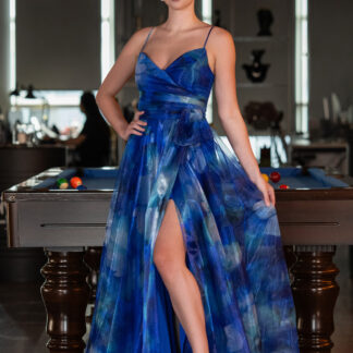 Saks Mavi Yırtmaçlı Uzun Empirme Mezuniyet Elbisesi ABU5053