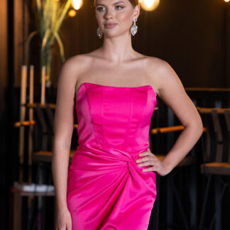 Fuşya Straplez Balen Korse Yırtmaçlı Uzun Saten Abiye ABU3474