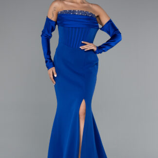 Saks Mavi Straplez Kol Aksesuarlı Uzun Balık Abiye ABU4637