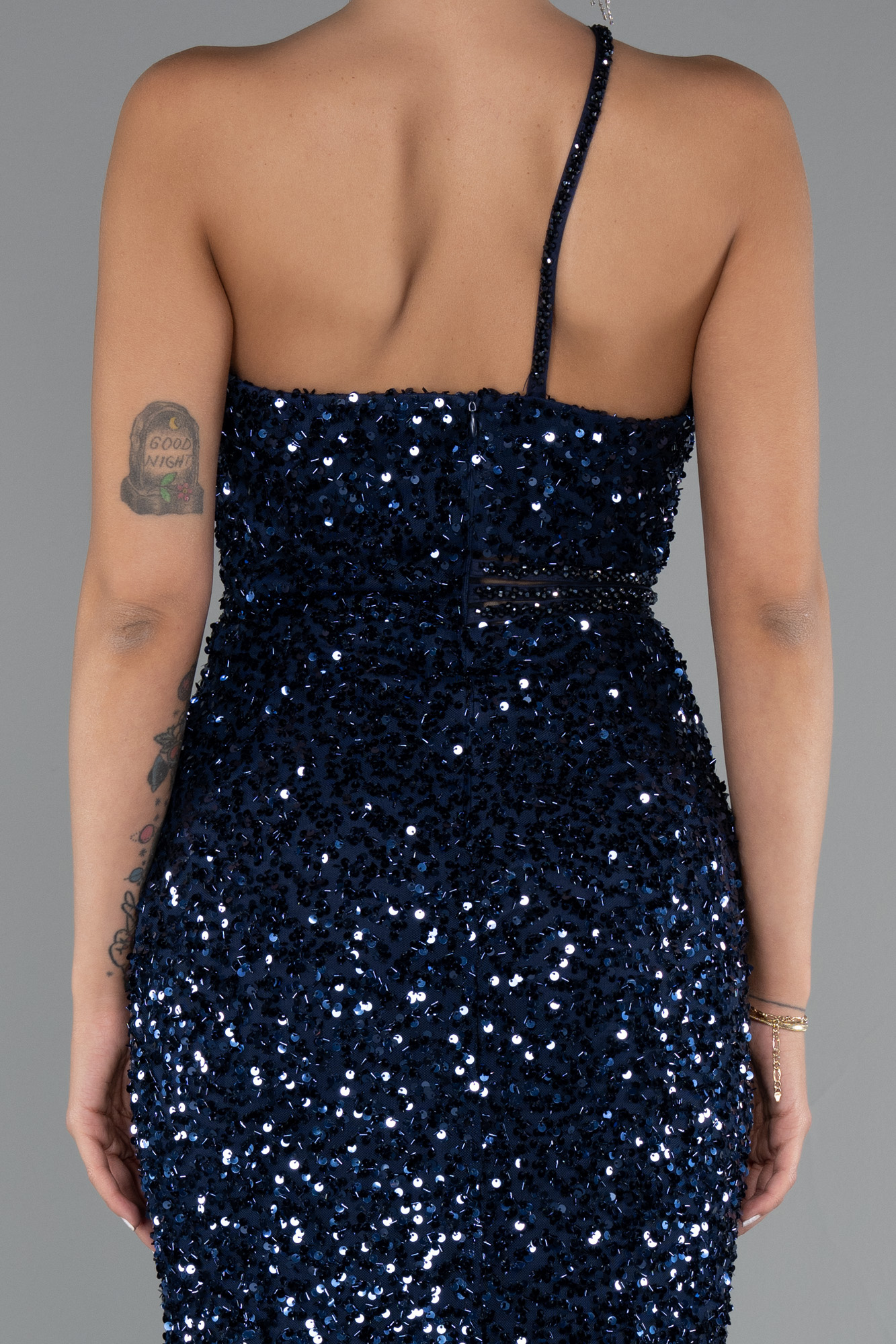 Lacivert Tek Omuz Bacak Dekolte Uzun Pullu Abiye ABU5070 - Görsel 4