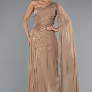 Gold Tek Omuz Yırtmaçlı Ateş Pile Uzun Şifon Abiye ABU4978