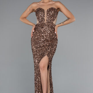 Bakır Straplez Bacak Dekolteli Uzun Pullu Balık Abiye ABU4790