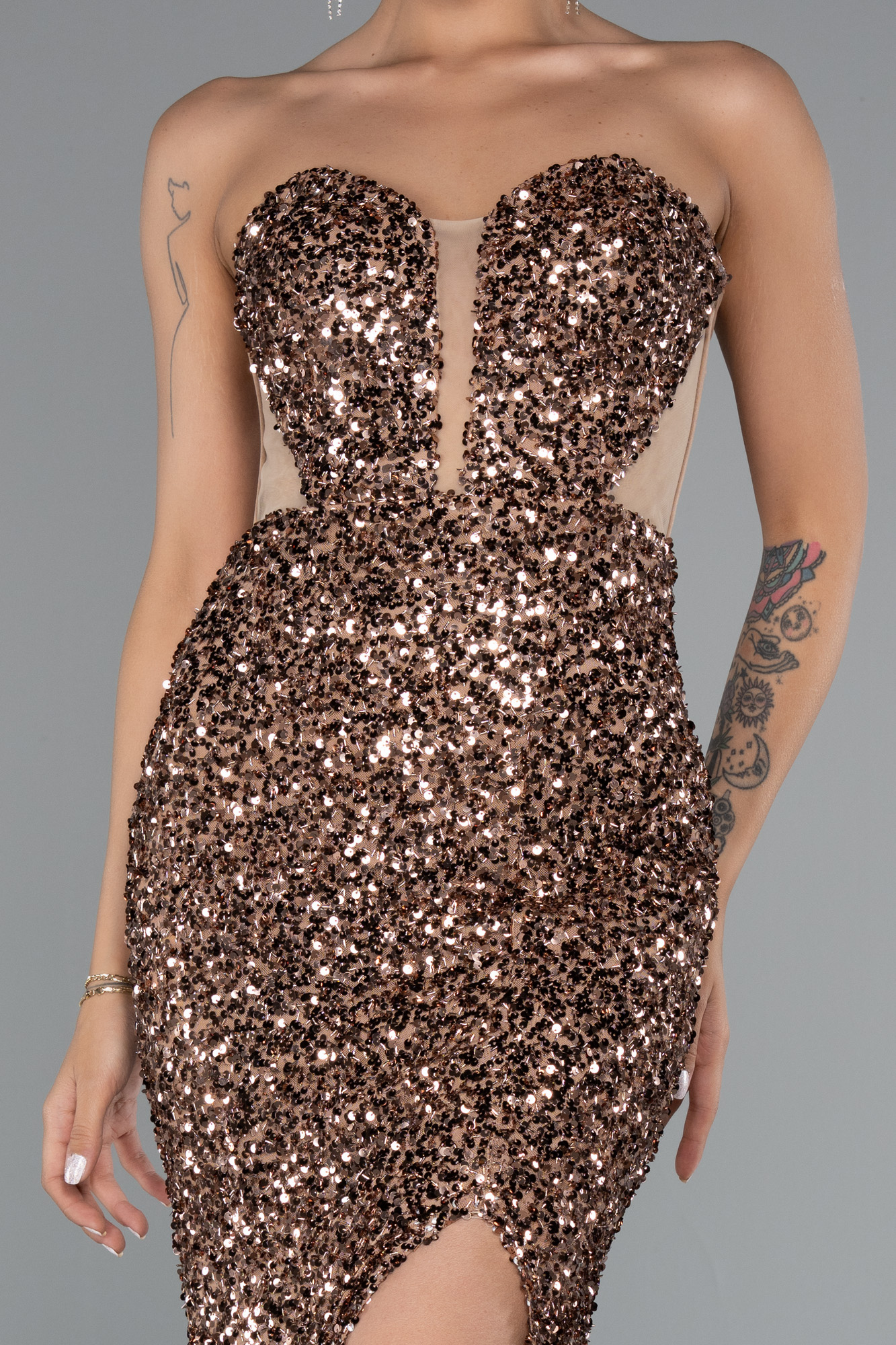 Bakır Straplez Bacak Dekolteli Uzun Pullu Balık Abiye ABU4790 - Görsel 3