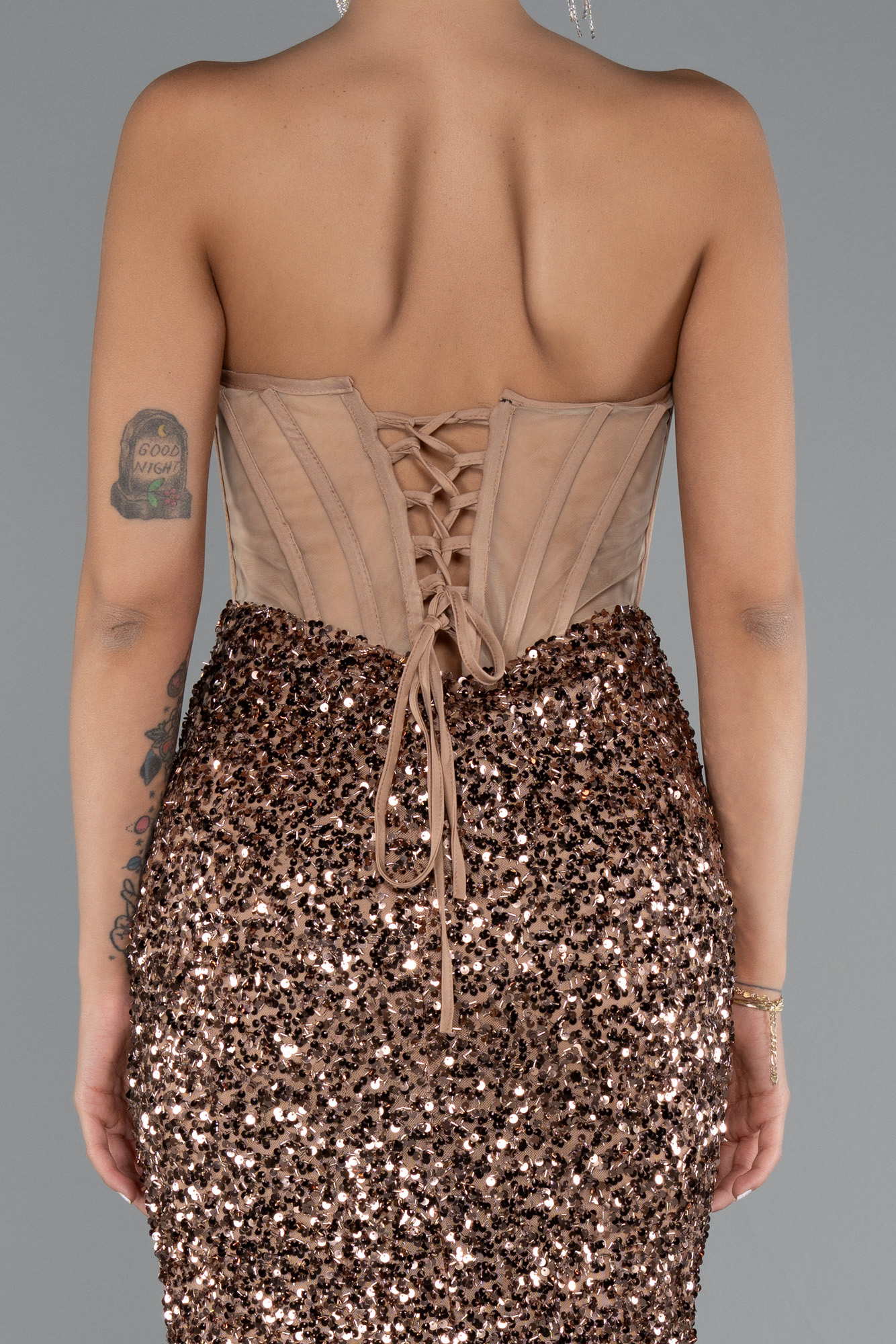 Bakır Straplez Bacak Dekolteli Uzun Pullu Balık Abiye ABU4790 - Görsel 4