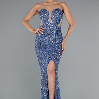 İndigo Straplez Bacak Dekolteli Uzun Pullu Balık Abiye ABU4790