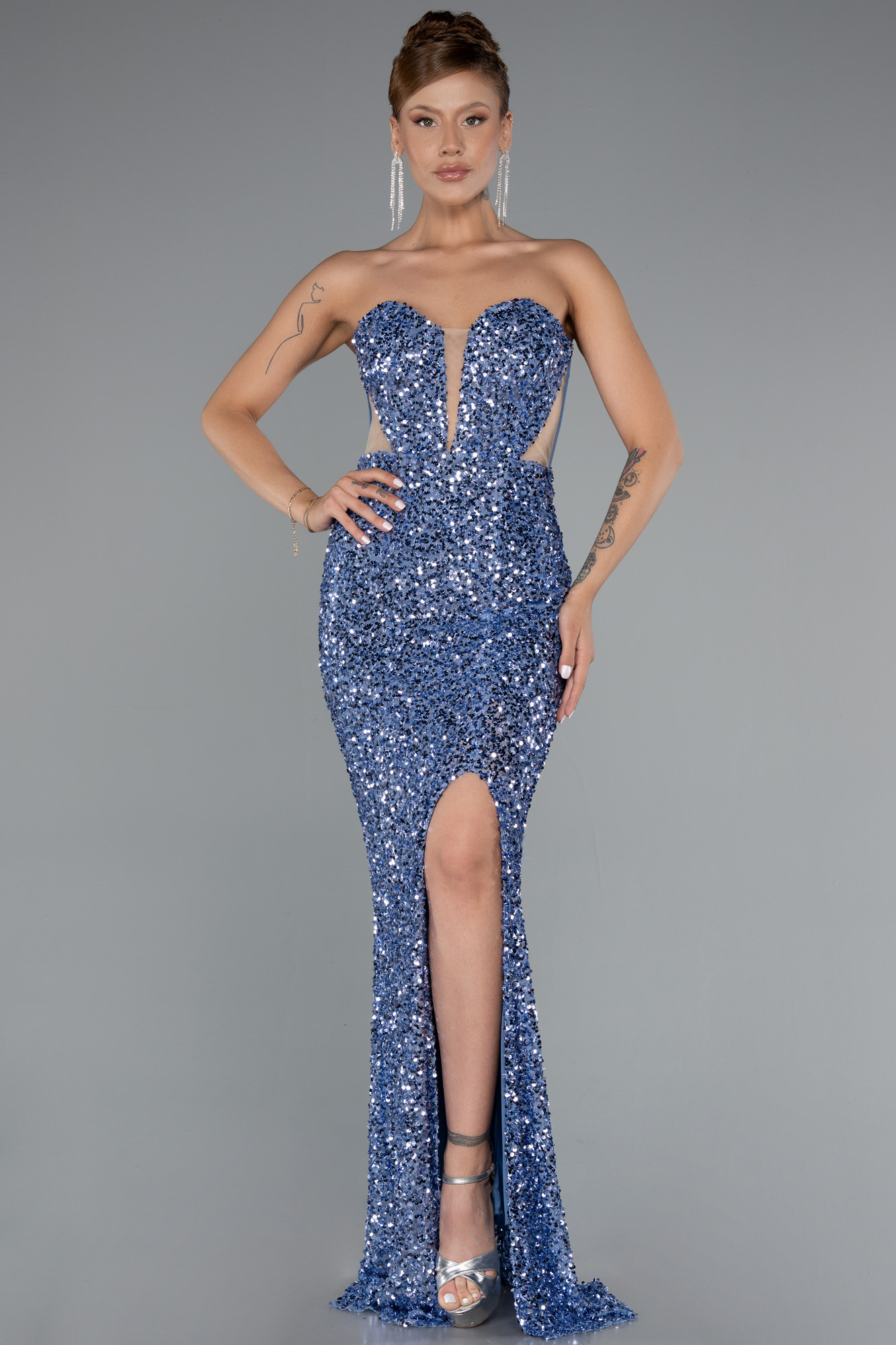 İndigo Straplez Bacak Dekolteli Uzun Pullu Balık Abiye ABU4790