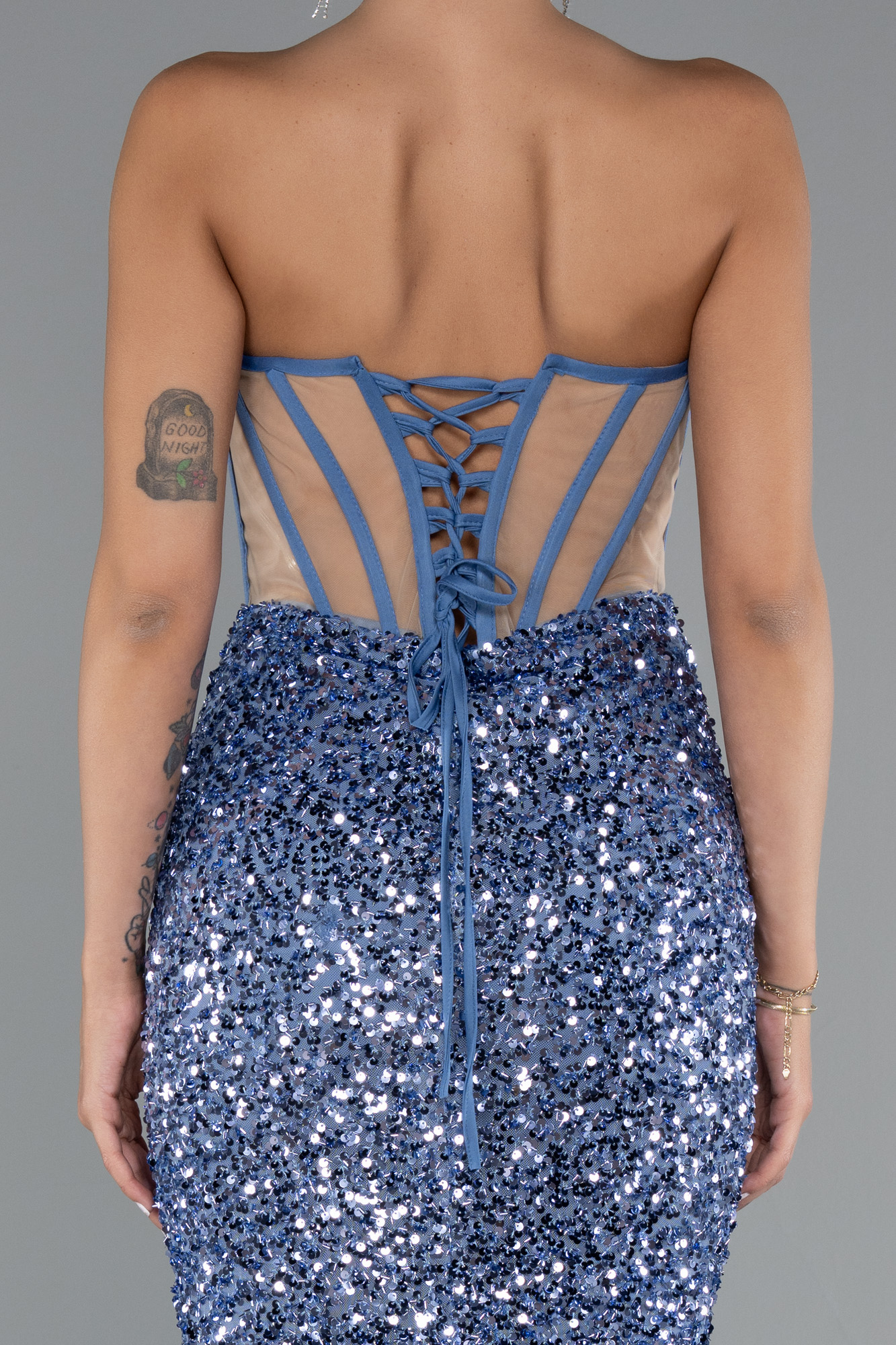 İndigo Straplez Bacak Dekolteli Uzun Pullu Balık Abiye ABU4790 - Görsel 4