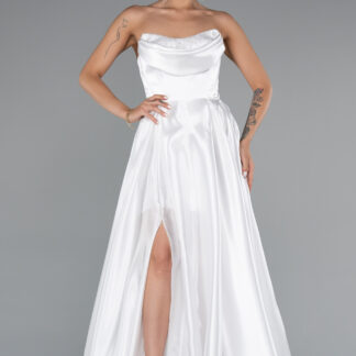 Ekru Straplez Bacak Dekolteli Uzun Saten Abiye Elbise ABU5064