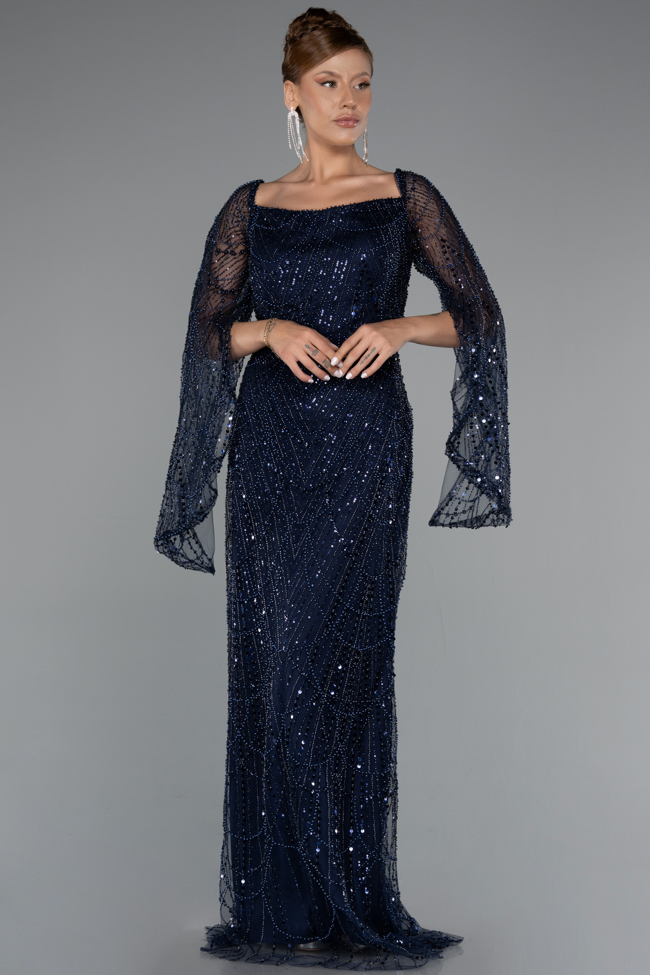 Siyah Uzun Kol Boncuklu Abiye Elbise ABU5066 - Görsel 5