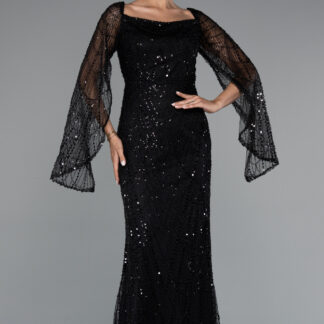 Siyah Uzun Kol Boncuklu Abiye Elbise ABU5066