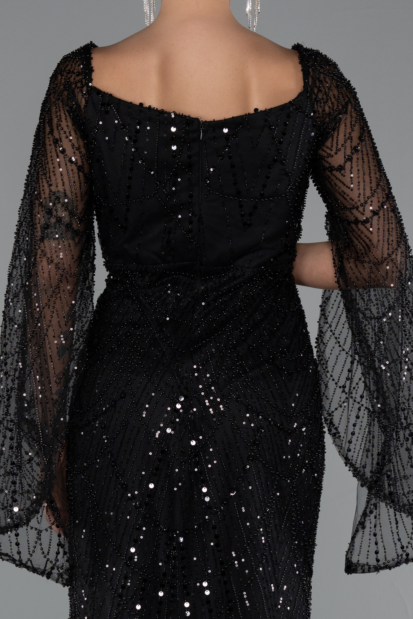 Siyah Uzun Kol Boncuklu Abiye Elbise ABU5066 - Görsel 4