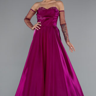 Fuşya Straplez Uzun Tül Kol Tafta Abiye Elbise ABU3604