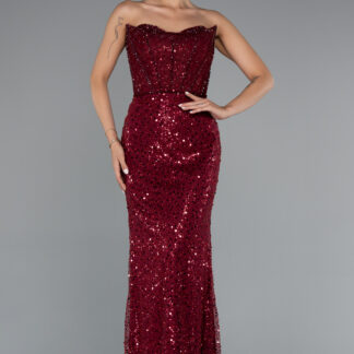 Bordo Straplez Balen Korse Detay Uzun Pullu Abiye ABU5069