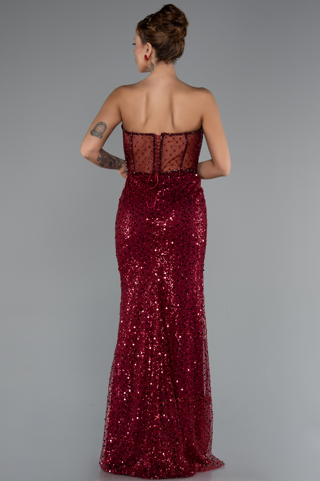 Bordo Straplez Balen Korse Detay Uzun Pullu Abiye ABU5069 - Görsel 2