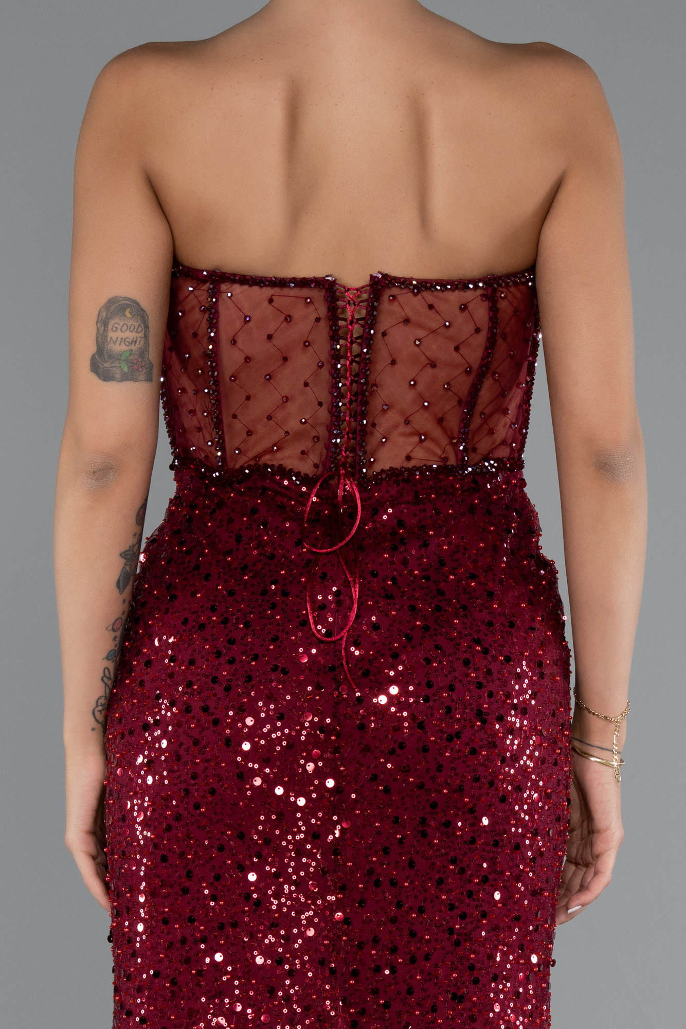 Bordo Straplez Balen Korse Detay Uzun Pullu Abiye ABU5069 - Görsel 4