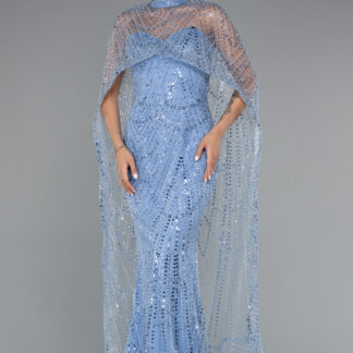 İndigo Straplez Boncuk İşlemeli Şal Detaylı Uzun Abiye ABU4517