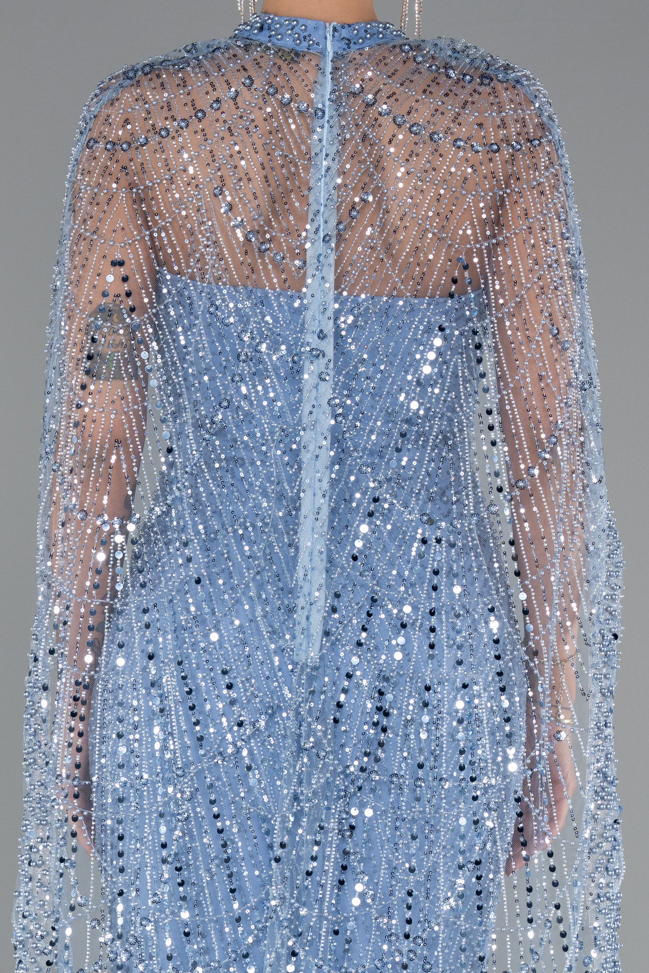 İndigo Straplez Boncuk İşlemeli Şal Detaylı Uzun Abiye ABU4517 - Görsel 5