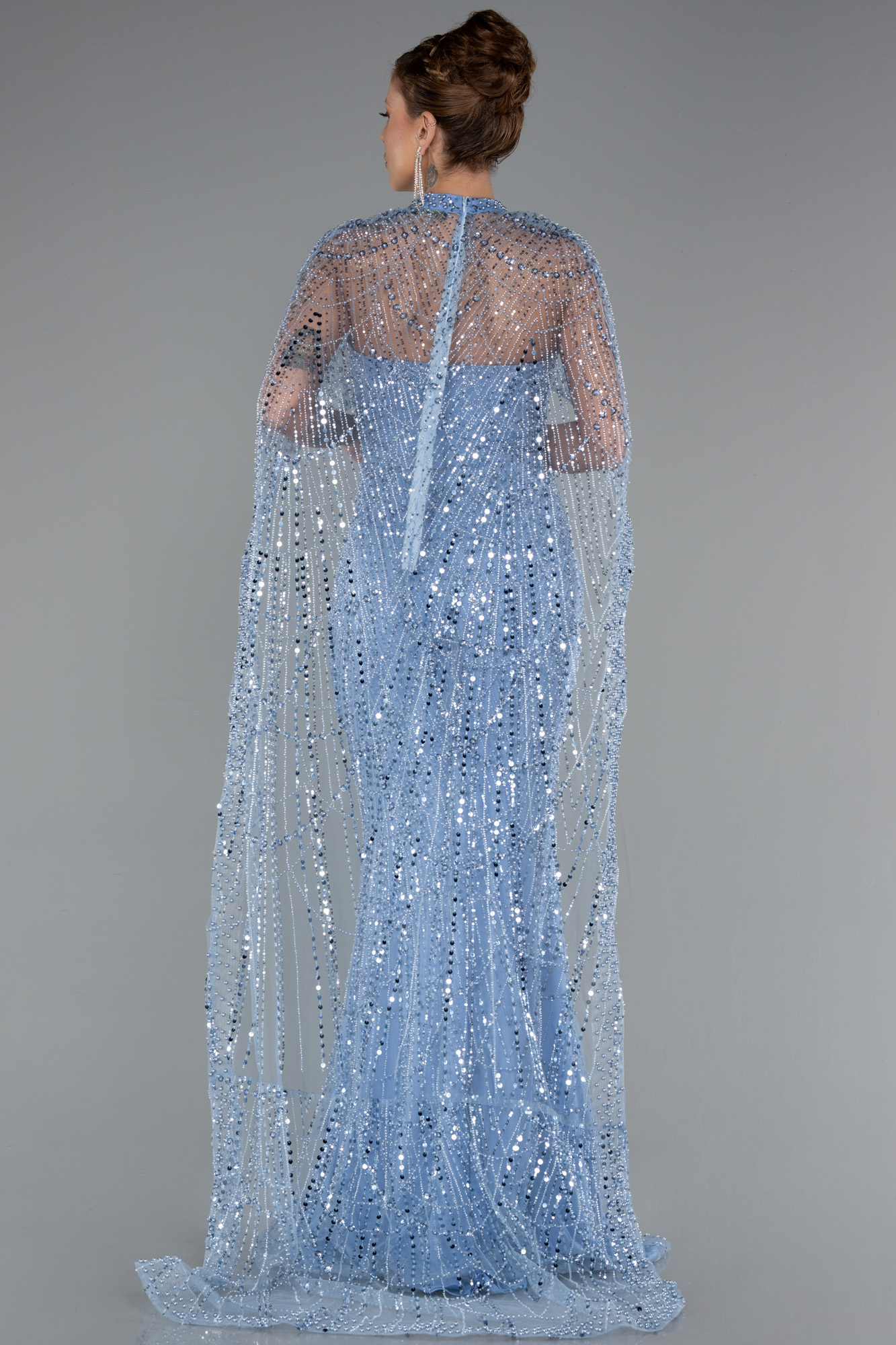 İndigo Straplez Boncuk İşlemeli Şal Detaylı Uzun Abiye ABU4517 - Görsel 3