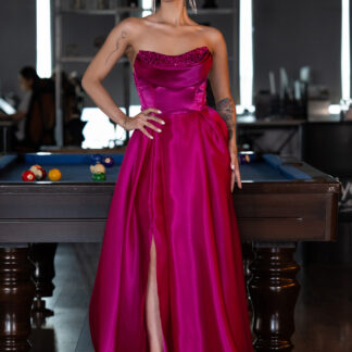 Fuşya Straplez Bacak Dekolteli Uzun Saten Abiye Elbise ABU5064