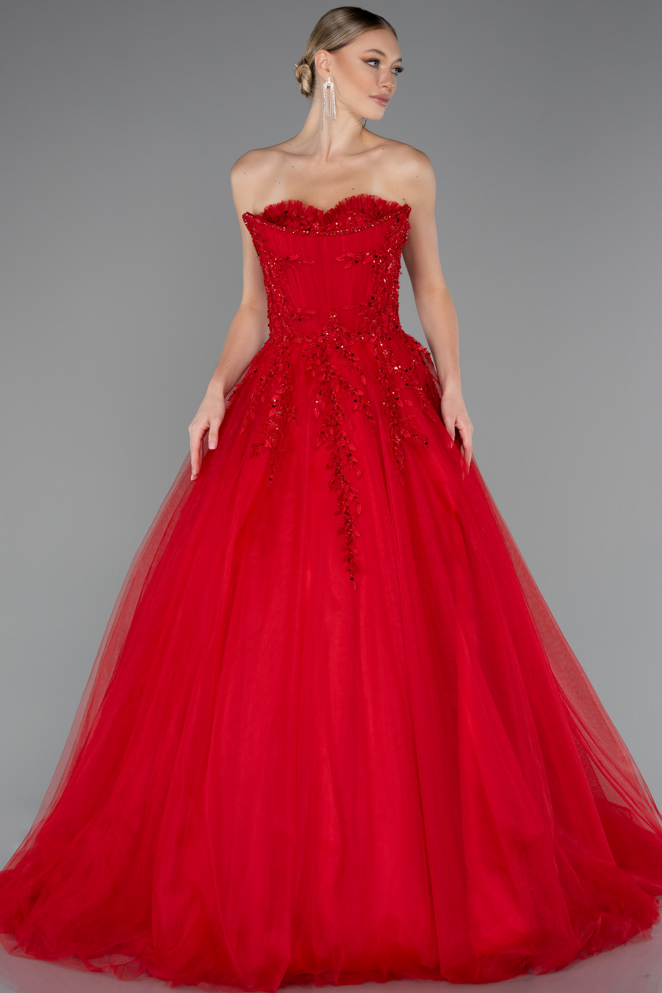 Kırmızı Straplez Güpürlü Uzun Özel Tasarım Nişan Elbisesi ABU4431 - Görsel 2