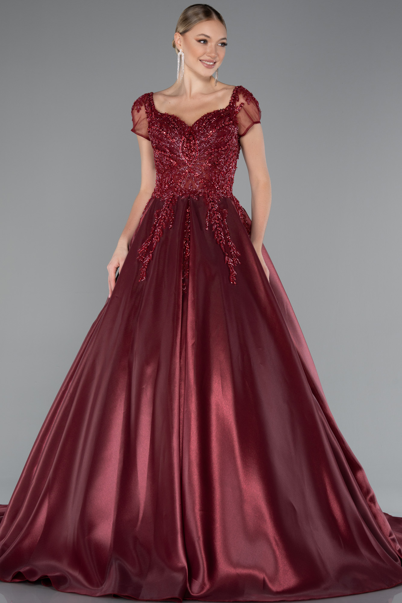 Bordo Kısa Kol Üstü Taşlı Özel Tasarım Nişan Elbisesi ABU4449 - Görsel 2