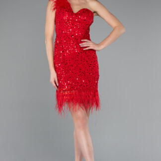 Kırmızı Otrişli Tek Omuz Kısa Pullu Abiye Elbise ABK2256