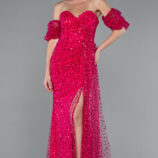 Fuşya Straplez Yırtmaçlı Kol Aksesuarlı Uzun Pullu Abiye ABU5075