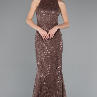 Kahve Halter Yaka Boncuklu Uzun Balık Abiye ABU4791