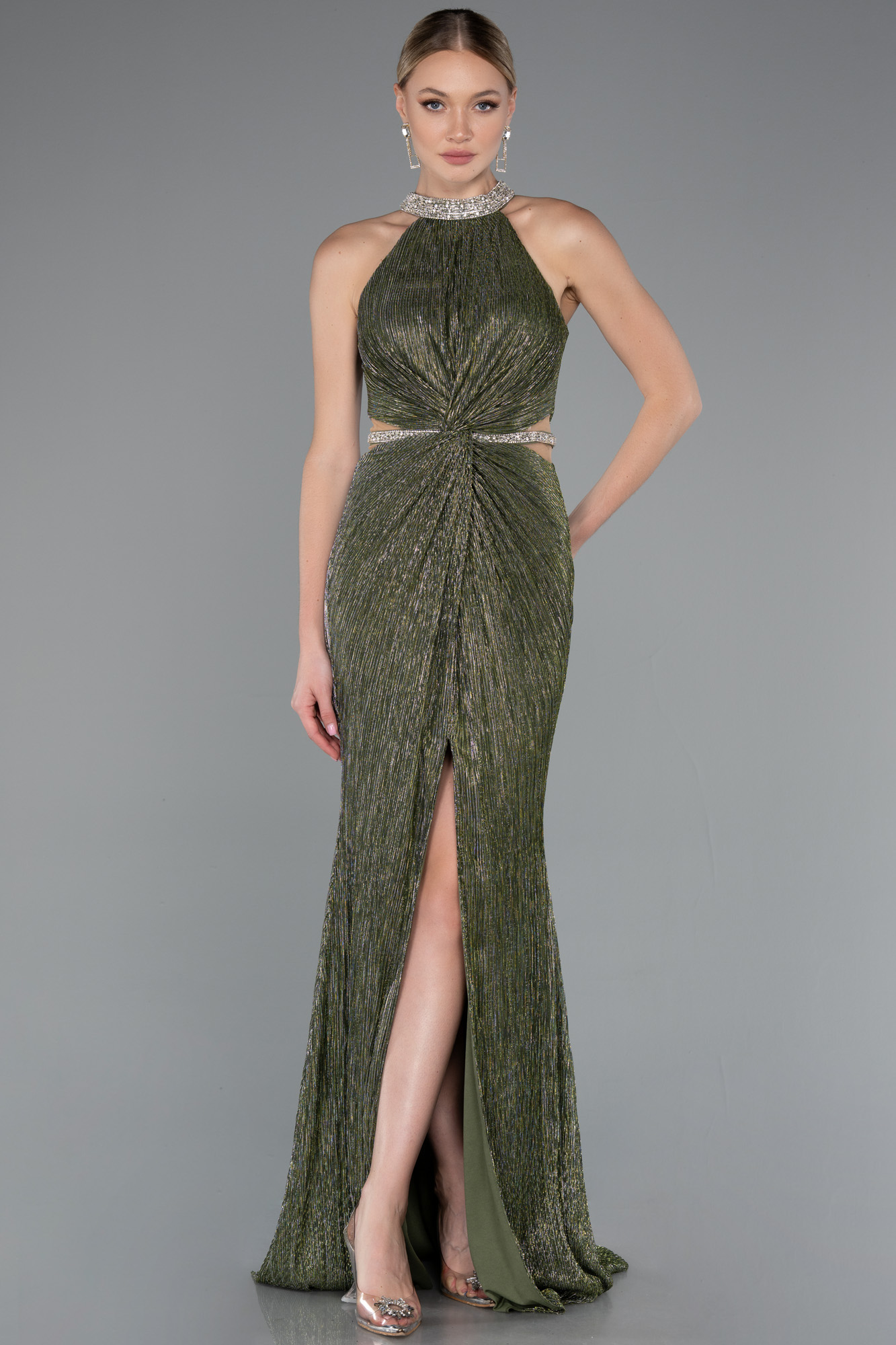 Haki Halter Yaka Bacak Dekolteli Uzun Simli Abiye ABU4324 - Görsel 2