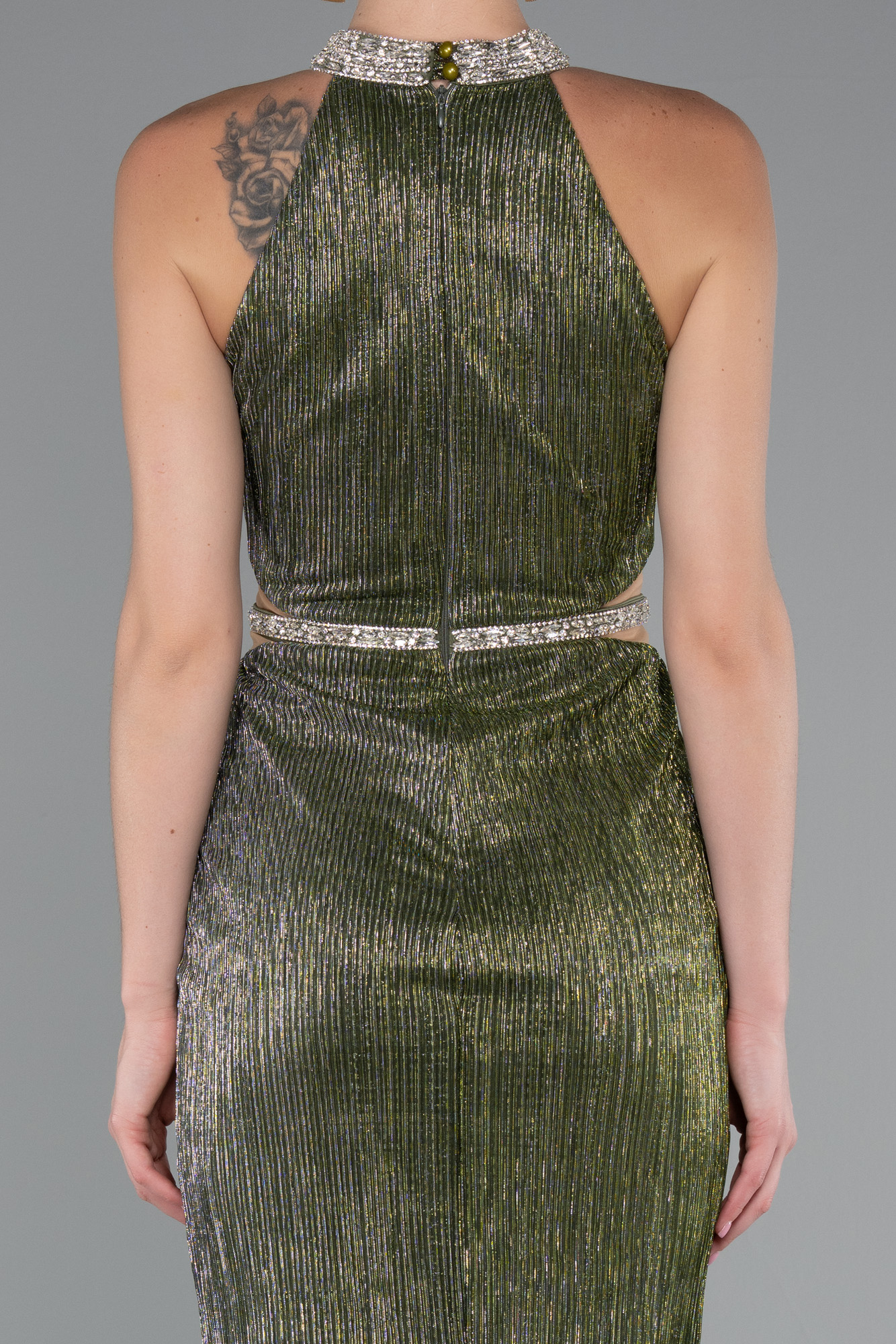 Haki Halter Yaka Bacak Dekolteli Uzun Simli Abiye ABU4324 - Görsel 5