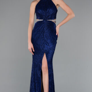 Saks Mavi Halter Yaka Bacak Dekolteli Uzun Simli Abiye ABU4324