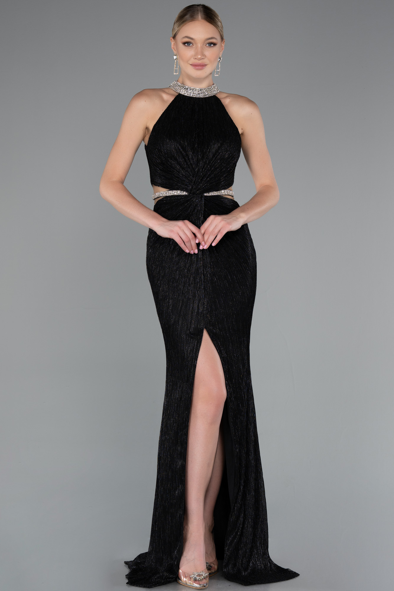 Bej Halter Yaka Bacak Dekolteli Uzun Simli Abiye ABU4324 - Görsel 5