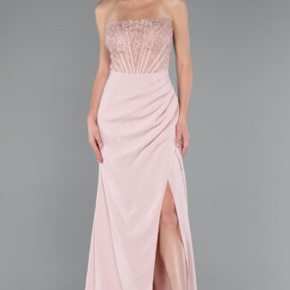 Pudra Straplez Güpür Aplikeli Yırtmaçlı Uzun Abiye Elbise ABU5001