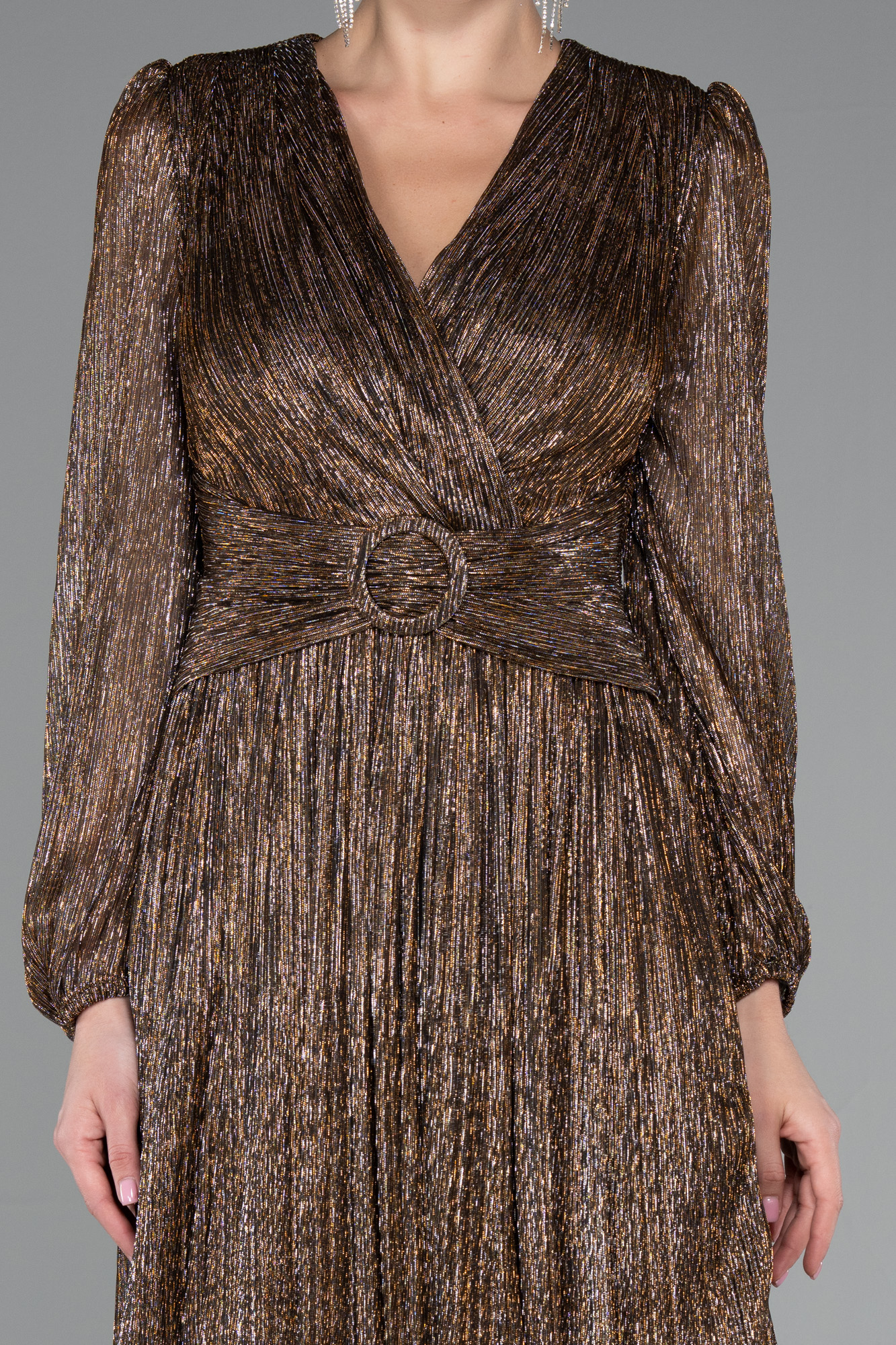 Bakır Uzun Kol Kruvaze Yaka Simli Kısa Davet Elbisesi ABK2376 - Görsel 3