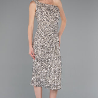 Bej Tek Omuz Yırtmaçlı Midi Pullu Gece Elbisesi ABK2377