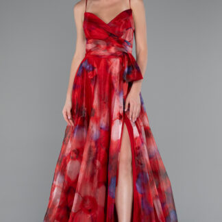 Kırmızı Bacak Dekolteli Uzun Empirme Mezuniyet Elbisesi ABU5053